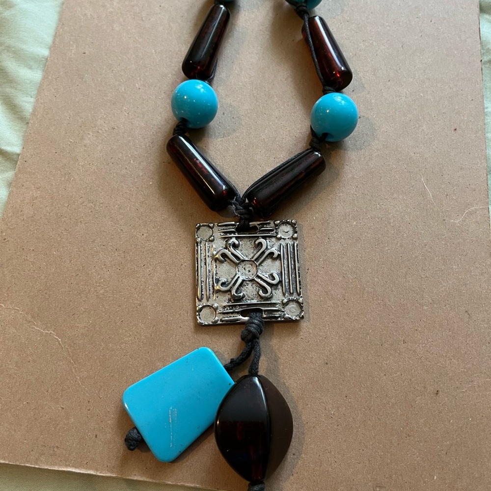 Long statement necklace, torquise/tiger eye acrylic beads on blk thick string